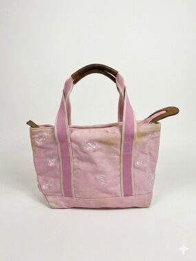 L.L. Bean Vintage Pink Canvas Lobster Tote Bag Leather Handles Zip Top